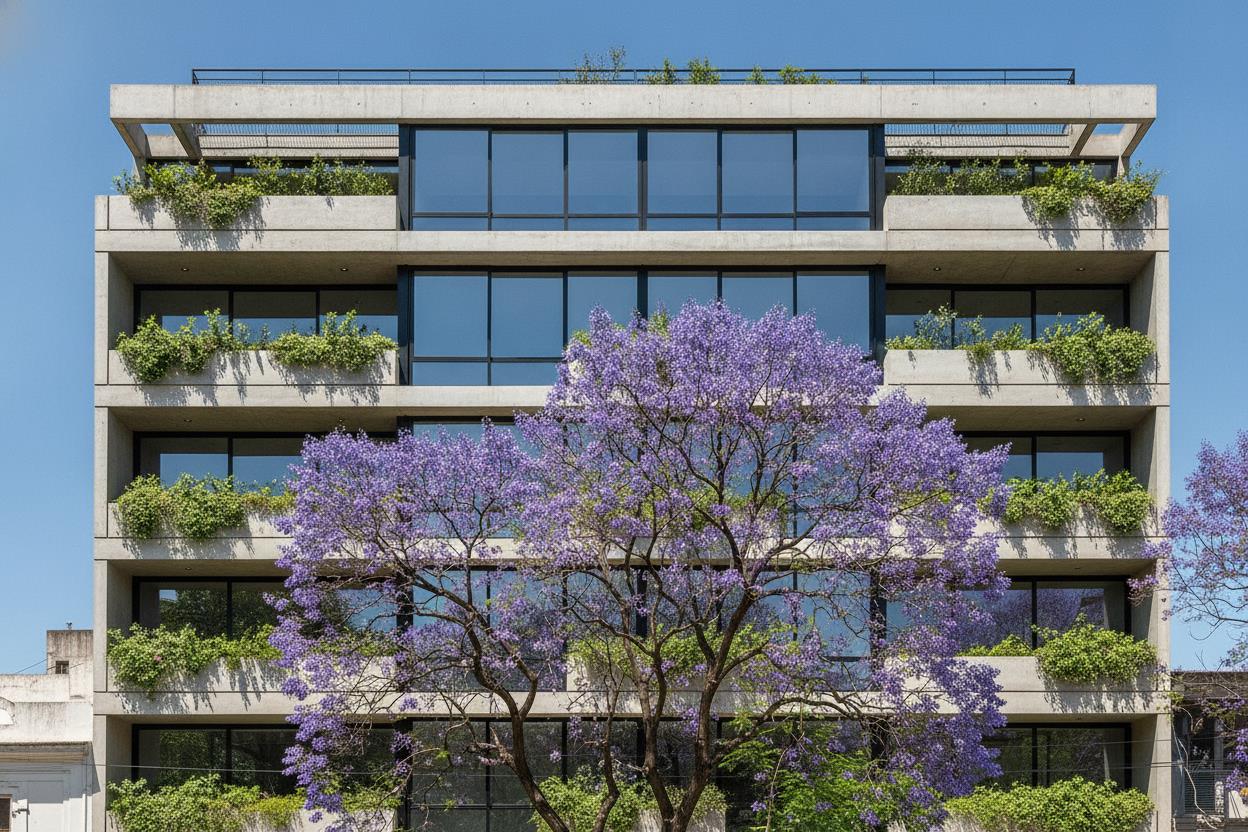 Edificio residencial contemporáneo en Palermo con un jacarandá en flor